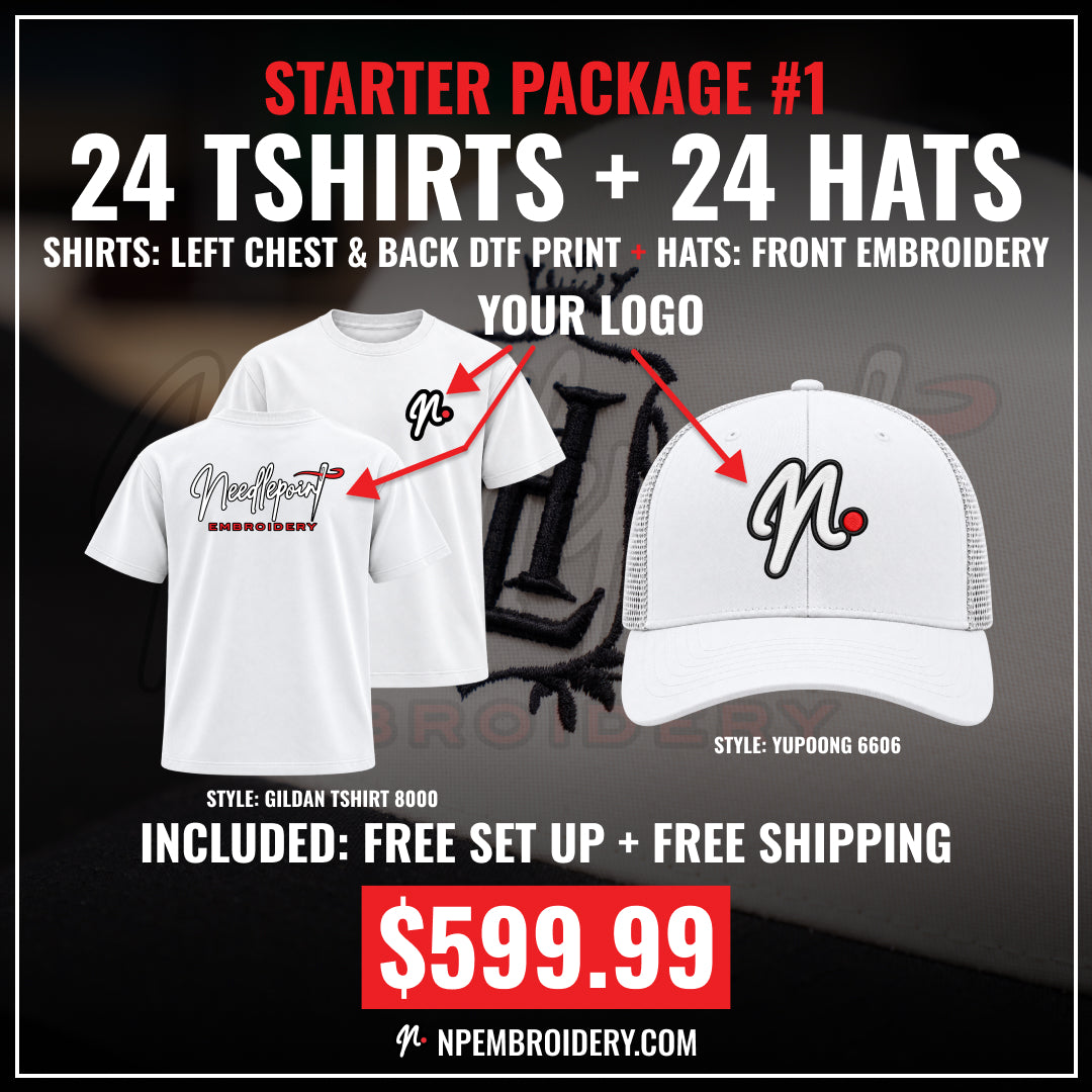 Starter Package #1 - 24 T-shirts + 24 hats, $599.99