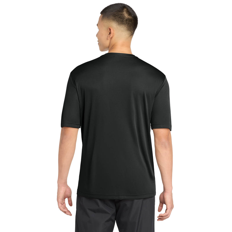 Sport-Tek ST350 performance T-shirt in Black, back view on model