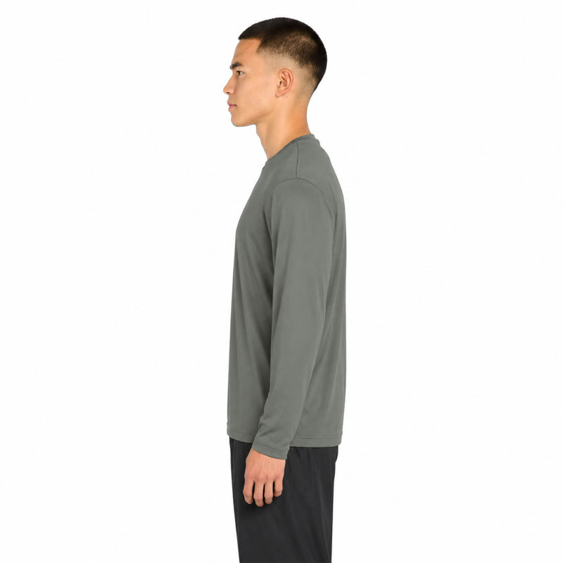 Sport-Tek ST350LS long sleeve performance T-shirt in Grey Concrete, left side view on model
